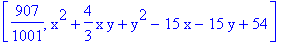 [907/1001, x^2+4/3*x*y+y^2-15*x-15*y+54]
